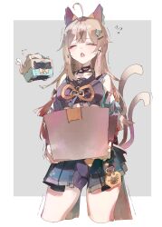 Rule 34 | 1girl, absurdres, ahoge, bike shorts, border, bow, box, brown hair, cardboard box, carrying, cat tail, closed eyes, cocoballking, cowboy shot, cropped legs, detached sleeves, fang, flying sweatdrops, furrowed brow, genshin impact, grey hair, hair bow, highres, japanese clothes, kirara (cat) (genshin impact), kirara (genshin impact), long hair, multiple tails, nekomata, open mouth, outside border, parted bangs, struggling, sweat, tail, trembling, two tails, white border