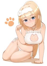 Rule 34 | 1girl, bad id, bad pixiv id, bell, neck bell, blonde hair, blue eyes, bra, breasts, cap105, cat cutout, cat ear panties, cat lingerie, choker, cleavage cutout, clothing cutout, duke of york (zhan jian shao nyu), frilled bra, frills, highres, jingle bell, large breasts, long hair, looking at viewer, meme attire, panties, paw pose, paw print, side-tie panties, smile, solo, underwear, underwear only, warship girls r, white background, white bra, white panties