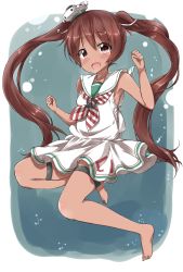 Rule 34 | 10s, 1girl, absurdres, anchor, barefoot, brown eyes, brown hair, collarbone, dark-skinned female, dark skin, dress, fang, full body, hair ribbon, headgear, highres, kantai collection, libeccio (kancolle), long hair, looking at viewer, neckerchief, open mouth, pentagon (railgun ky1206), ribbon, sailor dress, sleeveless, smile, solo, standing, striped clothes, striped dress, thigh strap, twintails, white ribbon
