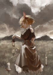 absurdres alternate_costume arm_behind_back black_shirt blonde_hair candle candlestand closed_eyes closed_mouth cloud cloudy_sky commentary frilled_skirt frilled_sleeves frills from_side full_body grass grey_skirt hair_ribbon highres holding holding_lantern lantern long_skirt mountainous_horizon outdoors puffy_short_sleeves puffy_sleeves red_ribbon ribbon rumia sawararado shirt short_hair short_sleeves skirt sky standing touhou