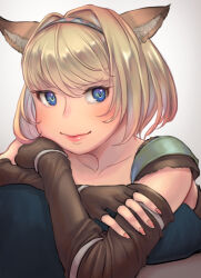Rule 34 | 1girl, 2024, adventurer (ff11), animal ears, blonde hair, blue eyes, blue hairband, brown gloves, cactus41747280, cat ears, cat girl, closed mouth, collarbone, crossed arms, dated, elbow gloves, final fantasy, final fantasy xi, fingerless gloves, fingernails, gloves, hair intakes, hairband, mithra (ff11), multicolored hairband, pink hairband, pink lips, short hair, smile, solo, white hairband