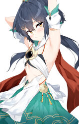 1girl absurdres armlet armpits arms_up blush bra chinese_clothes closed_mouth commentary_request detached_collar detached_sleeves flat_chest floating floating_hair green_skirt grey_hair hair_between_eyes hair_ornament hairclip head_tilt headpiece highres honkai:_star_rail honkai_(series) isocha jewelry long_hair looking_at_viewer low_twintails orange_eyes pendant red_scarf scarf short_sleeves simple_background skirt solo standing stomach twintails underwear white_background yunli_(honkai:_star_rail)