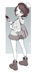 Rule 34 | 1girl, backpack, bag, blush, boots, brown hair, commentary request, creatures (company), dress, eyelashes, full body, game freak, gen 4 pokemon, gloria (pokemon), hat, holding, holding strap, hooded cardigan, kneepits, looking at viewer, looking back, nintendo, open mouth, pokemon, pokemon (creature), pokemon swsh, rotom, rotom phone, short hair, socks, solo, standing, tam o&#039; shanter, teeth, ter (otokoter), tongue