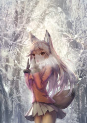 Rule 34 | 10s, 1girl, :o, animal ears, bare tree, black gloves, blazer, blonde hair, blush, breath, cowboy shot, day, ezo red fox (kemono friends), fox ears, fox tail, fur-trimmed sleeves, fur trim, gloves, gradient hair, highres, jacket, kemono friends, light rays, long hair, long sleeves, looking at viewer, miniskirt, missile228, multicolored hair, open mouth, orange jacket, outdoors, pantyhose, pleated skirt, skirt, solo, standing, sunbeam, sunlight, tail, tareme, tree, very long hair, white hair, white neckwear, white skirt, winter, yellow eyes