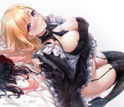Rule 34 | 1girl, black footwear, black necktie, black thighhighs, blonde hair, blush, body writing, breasts, chain, chain leash, cleavage, commentary, cosplay, ear piercing, english commentary, frills, garter straps, high heels, jewelry, kitagawa marin, kuroe shizuku, kuroe shizuku (cosplay), large breasts, leash, long hair, long sleeves, looking at viewer, lying, nail polish, necktie, on back, parted lips, piercing, pink nails, purple eyes, rei kun, ring, solo, sono bisque doll wa koi wo suru, thighhighs, thighs, wig, unworn wig