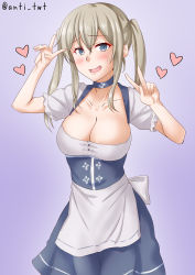 Rule 34 | 1girl, anti (untea9), apron, blonde hair, blue dress, blue eyes, blush, breasts, cleavage, dirndl, dress, german clothes, gradient background, graf zeppelin (kancolle), heart, highres, kantai collection, large breasts, long hair, one-hour drawing challenge, open mouth, purple background, short sleeves, sidelocks, solo, sweatdrop, twintails, twitter username, v, waist apron, white apron