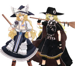 Rule 34 | 2girls, :d, apron, belt, belt buckle, black cape, black footwear, black gloves, black shirt, black shorts, black skirt, black socks, blonde hair, blouse, blue eyes, blue hat, boonie hat, boots, bow, breasts, broom, brown footwear, buckle, cape, cleavage, cleavage cutout, closed mouth, clothing cutout, collar, collared shirt, commentary request, cross-laced footwear, feet out of frame, fingerless gloves, frilled apron, frilled bow, frilled collar, frilled skirt, frilled sleeves, frills, gloves, hand up, hat, hat belt, hat bow, high-waist skirt, highres, holding, holding broom, holding weapon, kirisame marisa, knee boots, kneehighs, koumajou densetsu, lace, lace-trimmed gloves, lace-up boots, lace trim, large breasts, layered skirt, long hair, looking at viewer, messy hair, mini-hakkero, multicolored clothes, multicolored scarf, multiple girls, multiple persona, open mouth, puffy short sleeves, puffy sleeves, scarf, shirt, short sleeves, shorts, simple background, skirt, smile, socks, standing, star (symbol), teeth, tk31, touhou, tsurime, upper teeth only, waist apron, weapon, white background, white bow, white gloves, white shirt, witch hat