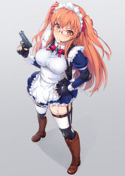 Rule 34 | 1girl, absurdres, apron, boots, breasts, cross-laced footwear, fingerless gloves, garter straps, gloves, grey background, grin, gun, hair ribbon, hand on own hip, headset, highres, holster, knife belt, lace-up boots, large breasts, maid, maid apron, maid headdress, orange hair, original, red-framed eyewear, ribbon, shoulder holster, smile, solo, taut clothes, thighhighs, toriatto gununu, trigger discipline, weapon, white thighhighs, yellow eyes