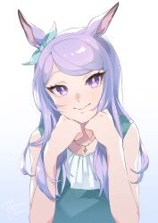 Rule 34 | 1girl, absurdres, animal ears, artist name, blush, bow, closed mouth, dress, ear bow, elbow rest, gradient background, green dress, head rest, highres, horse ears, jewelry, long hair, looking at viewer, mejiro mcqueen (umamusume), pendant, purple eyes, purple hair, shirt, sleeveless, sleeveless dress, sleeveless shirt, smile, solo, umamusume, upper body, white shirt, zetsuyo chimayo