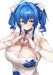 Rule 34 | 1girl, absurdres, ahoge, azur lane, blue hair, blush, braid, breasts, china dress, chinese clothes, cleavage, cleavage cutout, clothing cutout, commentary, dress, eyelashes, floral print, grin, hair between eyes, hair ribbon, heart, heart hands, highres, large breasts, looking at viewer, make maketan, medium hair, purple eyes, ribbon, side braids, simple background, sleeveless, sleeveless dress, smile, solo, st. louis (azur lane), st. louis (blue and white pottery) (azur lane), tress ribbon, twin braids, twintails, upper body, white background, white dress, wrist cuffs