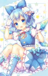 Rule 34 | 1girl, :d, ahoge, arm up, bloomers, blue bow, blue eyes, blue footwear, blue hair, blue hat, blue shirt, blue skirt, blush, boots, bow, cirno, coa (chroo x), collared shirt, commentary request, frilled skirt, frills, gloves, hair bow, hat, highres, ice, ice wings, knee boots, looking at viewer, midriff, mini hat, neck ribbon, open mouth, puffy short sleeves, puffy sleeves, red ribbon, ribbon, shirt, shoe soles, short sleeves, skirt, smile, solo, star (symbol), tilted headwear, touhou, underwear, white bloomers, white gloves, wings