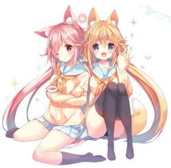 Rule 34 | 2girls, amamiya aki, animal ear fluff, animal ears, bad id, bad nicoseiga id, black legwear, blonde hair, blue eyes, blush, cardigan, commentary request, cup, drinking glass, fox ears, hair ornament, hairclip, hand up, holding, holding cup, holding drinking glass, knees together feet apart, knees up, leaning on person, long hair, long sleeves, looking at viewer, mei amamiya, miniskirt, multiple girls, neckerchief, no shoes, one eye closed, open mouth, original, p19, pantyhose, red eyes, school uniform, siblings, sisters, sitting, skirt, sleeves past wrists, smile, thighhighs, thighs, virtual youtuber, wariza, x hair ornament