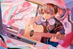 1girl black_shirt brown_eyes brown_hair chene_1217 cherry_blossoms computer curtains falling_petals guitar headphones highres holding holding_guitar holding_instrument instrument laptop open_mouth original petals pink_petals ponytail shirt solo window