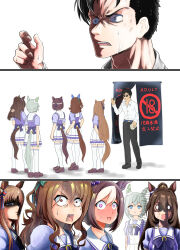 Rule 34 | 0 0, 1boy, 3koma, 5girls, absurdres, animal ears, black hair, blush, bow, bowtie, braid, brown footwear, brown hair, clothing cutout, comic, commentary request, constricted pupils, domino mask, ear bow, ear covers, el condor pasa (umamusume), french braid, full-face blush, golden generation (umamusume), grass wonder (umamusume), green bow, half updo, highres, holding, horse ears, horse girl, horse tail, king halo (umamusume), light brown hair, light green hair, loafers, long hair, long sleeves, mask, medium hair, miniskirt, multiple girls, munyura, one side up, pleated skirt, puffy short sleeves, puffy sleeves, purple bow, purple bowtie, purple shirt, sailor collar, sailor shirt, school uniform, seiun sky (umamusume), shaded face, shirt, shoes, short hair, short sleeves, sidelocks, silent comic, single ear cover, skirt, special week (umamusume), summer uniform, sweat, sweatdrop, nervous sweating, tail, tail through clothes, thighhighs, tracen school uniform, translation request, umamusume, waist bow, white sailor collar, white skirt, white thighhighs, wide-eyed