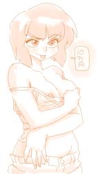 Rule 34 | 1girl, arms under breasts, bare shoulders, blunt bangs, blunt ends, bob cut, breasts, camisole, camisole pull, clothes pull, collarbone, commentary, cowboy shot, crop top, double strap slip, groin, inverted bob, isami, large breasts, looking at viewer, midriff, monochrome, naughty face, nipple slip, nipples, oekaki, prostitution, pulled by self, raised eyebrow, ranma 1/2, sepia, short hair, shorts, sketch, solo, speech bubble, standing, strap slip, teasing, tendou nabiki, tongue, tongue out, translated, white background