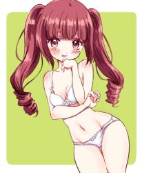 Rule 34 | 1girl, blush, bra, breasts, brown eyes, brown hair, cleavage, hanazono yurine, jashin-chan dropkick, looking at viewer, navel, open mouth, panties, shiny skin, small breasts, smile, solo, twintails, underwear, white bra, white panties