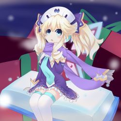 Rule 34 | 10s, 1girl, absurdres, bad id, bad pixiv id, blonde hair, blue eyes, blush, book, breath, christmas, fairy wings, gift, hair ornament, hat, highres, histoire, long hair, neptune (series), open mouth, rian (clearhisty0101), scarf, snow, solo, wings