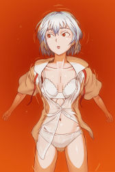 Rule 34 | 1girl, afloat, ayanami rei, bad id, bad pixiv id, blue hair, bra, breasts, floating, hac9, lcl, lingerie, midriff, navel, neon genesis evangelion, open clothes, open shirt, panties, red eyes, shirt, short hair, small breasts, solo, underwear, wet, wet clothes, wet panties, white panties