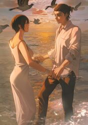 Rule 34 | 1boy, 1girl, absurdres, bare shoulders, bird, black hair, blue eyes, breasts, brown hair, cloud, cloudy sky, collared shirt, commentary, couple, dress, english commentary, eren yeager, eye contact, hair pulled back, highres, holding hands, horizon, large breasts, long dress, looking at another, mikasa ackerman, niku (ni23ku), ocean, outdoors, pants, parted lips, scar, scar on face, shingeki no kyojin, shirt, short hair, sky, smile, spaghetti strap, standing, sunset, twitter username, water, white dress, white shirt