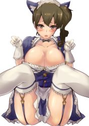 Rule 34 | 10s, 1girl, alternate costume, animal ears, apron, armadillo-tokage, bad id, bad twitter id, black ribbon, blue dress, blush, breasts, bridal garter, brown eyes, brown hair, cat ears, choker, cleavage, collarbone, detached collar, dress, elbow gloves, enmaided, frilled apron, frilled choker, frilled thighhighs, frills, garter straps, gloves, highres, kaga (kancolle), kantai collection, kemonomimi mode, large breasts, maid, maid apron, maid headdress, open mouth, paw pose, ponytail, puffy short sleeves, puffy sleeves, ribbon, ribbon choker, short hair, short sleeves, side ponytail, simple background, sitting, solo, thighhighs, white background, white gloves, white thighhighs