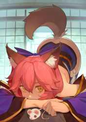 Rule 34 | 1girl, animal ear fluff, animal ears, blue kimono, bottomless, bow, commentary request, detached sleeves, fate/extra, fate (series), fox ears, fox tail, hair between eyes, hair bow, highres, indoors, japanese clothes, kimono, looking at viewer, mouse (animal), on floor, pink hair, slit pupils, solo, tail, tail raised, tamamo (fate), tamamo no mae (fate/extra), timbougami, top-down bottom-up, wide sleeves, yellow eyes
