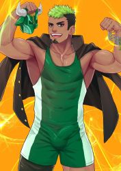 Rule 34 | 1boy, bara, biceps, black hair, bulge, covered abs, covered navel, cowboy shot, dark-skinned male, dark skin, erection, erection under clothes, facial hair, flexing, goatee, green hair, highres, ikusaba daisuke, jacket, jacket on shoulders, looking at viewer, male focus, maorenc, multicolored hair, muscular, muscular male, paid reward available, pectoral cleavage, pectorals, short hair, sideburns, sidepec, smile, solo, taurus mask, thick thighs, thighs, tokyo houkago summoners, two-tone hair, wrestling outfit