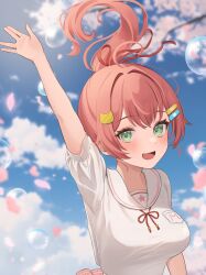 Rule 34 | 1girl, :d, absurdres, ahoge, arm up, blue sky, blush, breasts, bubble, cat hair ornament, cherry blossoms, cloud, commentary request, day, green eyes, hair ornament, hairclip, hanazawa ma, highres, hololive, long hair, looking at viewer, medium breasts, official alternate costume, open mouth, outdoors, pink hair, pink skirt, pleated skirt, ponytail, sailor collar, sakura miko, sakura miko (school uniform), school uniform, serafuku, shirt, short sleeves, skirt, sky, smile, solo, virtual youtuber, white sailor collar, white serafuku, white shirt