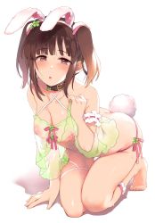 Rule 34 | 1girl, :o, animal ears, arm support, babydoll, babydoll lift, barefoot, blush, bottomless, breasts, bridal garter, brown collar, brown eyes, brown hair, cleavage, clover, collar, commentary request, fake animal ears, four-leaf clover, green babydoll, hair ornament, halterneck, hazuki (nature.), heart, heart-shaped pupils, highres, idolmaster, idolmaster cinderella girls, inverted nipples, kneeling, leg ribbon, lifted by self, looking at viewer, medium breasts, ogata chieri, pink ribbon, pussy juice, rabbit ears, rabbit tail, ribbon, see-through, short hair, sidelocks, solo, sweat, symbol-shaped pupils, tail, thigh ribbon, twintails, white ribbon