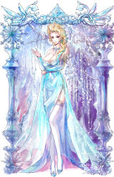 Rule 34 | 1girl, bare shoulders, blonde hair, blue dress, braid, breasts, brown eyes, cleavage, copyright name, dated, detached sleeves, dress, elsa (frozen), frozen (disney), garter belt, garter straps, hair over shoulder, highres, ice, jewelry, lace, lace-trimmed legwear, lace trim, large breasts, legs, loiza, long hair, long legs, necklace, signature, single braid, smile, solo, thighhighs, white thighhighs