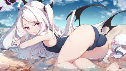 Rule 34 | 1girl, absurdres, ahoge, armpits, ass, bare shoulders, beach, blue archive, blue one-piece swimsuit, day, flat chest, highres, hina (blue archive), hina (swimsuit) (blue archive), horns, long hair, looking at viewer, low wings, lying, name tag, on stomach, one-piece swimsuit, open mouth, outdoors, purple eyes, rika (mikunopantsu), school swimsuit, solo, starfish, swimsuit, thighs, two side up, very long hair, water, white hair, wings