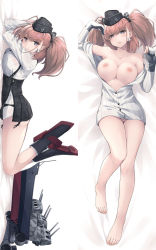 Rule 34 | 1girl, atlanta (kancolle), bare shoulders, barefoot, bed sheet, black eyes, black footwear, black gloves, black headwear, black skirt, blush, boots, breasts, breasts out, brown hair, closed mouth, collarbone, commentary request, crossed ankles, dakimakura (medium), earrings, feet up, full body, garrison cap, gloves, groin, hat, high-waist skirt, highres, jewelry, kantai collection, knee boots, kochipu, large breasts, long hair, long sleeves, lying, multiple views, naked shirt, nipples, no bra, no panties, off shoulder, on back, on stomach, parted lips, partially fingerless gloves, shirt, single earring, skirt, smile, star (symbol), star earrings, striped clothes, striped shirt, suspender skirt, suspenders, turret, twintails, two side up, vertical-striped clothes, vertical-striped shirt, white shirt