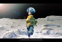 Rule 34 | 1boy, artist name, brown hair, copyright name, crater, cyberpunk (series), cyberpunk edgerunners, david martinez, earth (planet), from behind, highres, jacket, leg up, letterboxed, long sleeves, male focus, mohawk, moon, on moon, pants, planet, solo, space, star (sky), sunlight, wraith615, yellow jacket