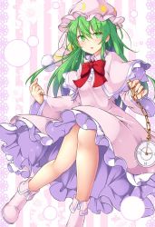 Rule 34 | 1girl, aka tawashi, bad anatomy, bad leg, boots, breasts, capelet, clock, commentary request, crescent, fingernails, floral background, glowing, glowing petals, green eyes, green hair, hair between eyes, hand up, hat, highres, kazami yuuka, kazami yuuka (pc-98), legs, light particles, long hair, long sleeves, looking at viewer, moon print, neck ribbon, nightcap, nightgown, open mouth, pajamas, petals, pink background, pink footwear, pink hat, pink nightgown, pocket watch, pom pom (clothes), red ribbon, ribbon, roman numeral, shiny clothes, sidelocks, small breasts, solo, star (symbol), star print, striped, striped background, thighs, touhou, touhou (pc-98), very long hair, watch, white background, wide sleeves