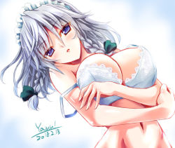 1girl artist_name blue_eyes bra braid breasts cleavage commentary_request dated female_focus izayoi_sakuya large_breasts looking_at_viewer silver_hair solo touhou twin_braids underwear underwear_only white_bra yamu_(reverse_noise)