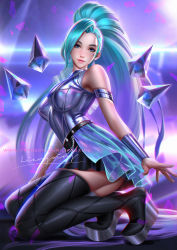 Rule 34 | 1girl, aqua hair, armlet, blue eyes, boots, bracer, breasts, highres, k/da (league of legends), kneeling, league of legends, liang xing, lips, long hair, looking at viewer, medium breasts, official alternate costume, ponytail, profile, seraphine (league of legends), signature, sleeveless, smile, solo, thigh boots, thighhighs, watermark, web address