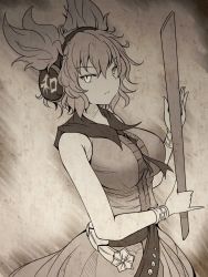 Rule 34 | 1girl, belt, breasts, closed mouth, dress, earmuffs, erechan, holding, large breasts, looking at viewer, monochrome, pointy hair, ritual baton, sailor collar, short hair, sleeveless, sleeveless dress, solo, standing, touhou, toyosatomimi no miko, upper body, v-shaped eyebrows