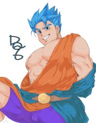 Rule 34 | 1boy, abs, bara, bare pectorals, blue eyes, blue hair, bulge, chabashira tatsukichi, character request, check copyright, copyright name, copyright request, dragon quest, earrings, feet out of frame, from below, highres, jewelry, large pectorals, male focus, muscular, muscular male, nipples, pectorals, purple shorts, seductive smile, short hair, shorts, simple background, smile, smirk, solo, spiked hair, sweat, thick eyebrows, undressing, white background