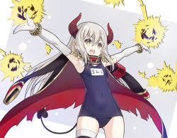 Rule 34 | 1girl, arms up, blush, bracelet, breasts, commentary, covered navel, cowboy shot, curled horns, demon girl, demon horns, demon tail, elbow gloves, emma august, epaulettes, gloves, grey hair, hair between eyes, horns, jacket, jacket on shoulders, jewelry, long hair, looking away, name tag, nijisanji, nyoro (nyoronyoro000), old school swimsuit, one-piece swimsuit, open mouth, pointy ears, red horns, school swimsuit, sidelocks, single thighhigh, small breasts, solo, swimsuit, tail, teeth, thighhighs, upper teeth only, virtual youtuber, white gloves, yellow eyes