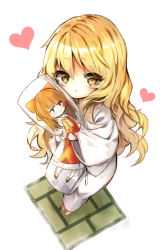Rule 34 | 1girl, :o, barefoot, blonde hair, blush, brown eyes, commentary request, dakimakura (object), from above, hair between eyes, hakurei reimu, heart, japanese clothes, kimono, kirisame marisa, long hair, long sleeves, hugging object, parted lips, pillow, pillow hug, piyokichi, solo, tatami, touhou, very long hair, white background, white kimono, wide sleeves