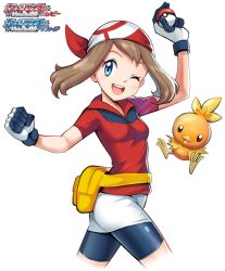 Rule 34 | 1girl, :d, arm up, bandana, bike shorts under skirt, blue eyes, breasts, brown hair, clenched hand, collared shirt, commentary request, creatures (company), eyelashes, fanny pack, game freak, gen 3 pokemon, gloves, highres, holding, holding poke ball, may (pokemon), medium breasts, mr.thunderigor, nintendo, open mouth, poke ball, poke ball (basic), pokemon, pokemon (creature), pokemon rse, red bandana, red shirt, shirt, short sleeves, skirt, smile, teeth, tongue, torchic, upper teeth only, white skirt, yellow bag