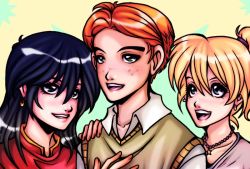 Rule 34 | 1boy, 2girls, archie, archie andrews, archie comics, betty cooper, black hair, blonde hair, blue eyes, blunt bangs, dracoplato, earrings, freckles, green eyes, jewelry, long hair, multiple girls, necklace, open mouth, orange hair, short hair, smile, veronica lodge, vest