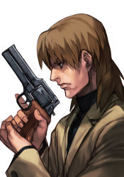 Rule 34 | 1boy, brown eyes, brown hair, closed mouth, coat, ghost in the shell, ghost in the shell stand alone complex, gun, handgun, holding, holding gun, holding weapon, hungry clicker, low bore axis revolver, male focus, manly, mateba 2008m, mullet, profile, revolver, solo, sweater, togusa (gits), turtleneck, turtleneck sweater, weapon, white background