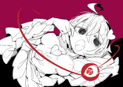 Rule 34 | 1girl, @ @, ahoge, black eyes, black hairband, breasts, flower, hair ornament, hairband, hand up, heart, heart ahoge, heart hair ornament, komeiji satori, long sleeves, looking at viewer, massakasama, medium breasts, open mouth, pink background, pointing, pointing at self, rose, shirt, short hair, solo, spot color, teeth, third eye, tongue, tongue out, touhou, upper teeth only, wide sleeves