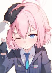 Rule 34 | 1girl, 1other, absurdres, ahoge, black vest, blue archive, blue eyes, blue necktie, blush, closed mouth, collared shirt, hair between eyes, highres, hoshino (blue archive), hoshino (young) (blue archive), necktie, one eye closed, pink hair, ratto (ratto channel), shirt, short hair, simple background, solo focus, vest, white background, white shirt, yellow eyes