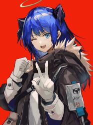 Rule 34 | 1girl, arknights, black jacket, blue eyes, blue hair, commentary, demon girl, demon horns, fur-trimmed hood, fur trim, gloves, halo, highres, hood, hooded jacket, horns, jacket, long hair, looking at viewer, mostima (arknights), one eye closed, open mouth, red background, ruyu (txzy22), shirt, sidelocks, simple background, smile, solo, teeth, tongue, upper body, upper teeth only, white gloves, white shirt