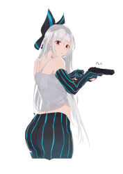 Rule 34 | 1girl, alternate costume, ass, black bow, black pantyhose, blue bow, blue stripes, bow, casual, elbow gloves, girls&#039; frontline, gloves, gun, hair bow, handgun, highres, holding, holding gun, holding weapon, long hair, looking at viewer, looking back, magazine (weapon), pantyhose, parted lips, partially fingerless gloves, red eyes, reloading, signature, silver hair, simple background, sketch, solo, spaghetti strap, striped bow, striped clothes, striped gloves, striped pantyhose, sutekina awa, tokarev (girls&#039; frontline), tokarev tt-33, trigger discipline, underwear, underwear only, vertical-striped clothes, vertical-striped gloves, vertical-striped pantyhose, very long hair, weapon, white background