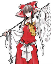 Rule 34 | 1girl, adapted costume, alternate eye color, asakura noi, bow, breasts, brown hair, cowboy shot, detached sleeves, female focus, gohei, hair bow, hair tubes, hakurei reimu, hip vent, japanese clothes, long hair, looking to the side, neck, oonusa, parted lips, purple eyes, red lips, red shirt, ribbon-trimmed sleeves, ribbon trim, shaded face, shirt, simple background, sleeveless, solo, touhou, white background, wide sleeves