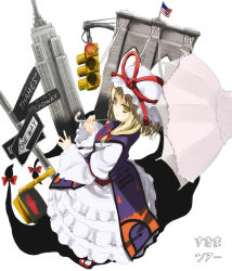 Rule 34 | 1girl, american flag, blonde hair, brooklyn bridge, dress, empire state building, female focus, flag, frilled dress, frills, full body, gap (touhou), gotyou, hat, holding, holding umbrella, looking to the side, mary janes, mob cap, new york city, one way sign, parasol, red footwear, road sign, shoes, sign, simple background, smile, solo, standing, tabard, touhou, traffic light, umbrella, white background, white dress, white legwear, yakumo yukari, yellow eyes