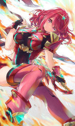 Rule 34 | 1girl, absurdres, bob cut, breasts, chest jewel, earrings, fire, gloves, hatsuga (dmaigmai), highres, huge filesize, jewelry, large breasts, pyra (xenoblade), red eyes, red hair, short hair, skindentation, solo, sword, weapon, white background, white hair, xenoblade chronicles (series), xenoblade chronicles 2