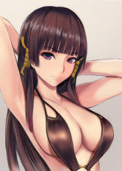 Rule 34 | 1girl, armpits, arms behind head, arms up, bare arms, bare shoulders, black hair, black one-piece swimsuit, blunt bangs, breasts, casual one-piece swimsuit, cleavage, closed mouth, collarbone, dead or alive, grey background, hair ornament, hime cut, large breasts, long hair, looking at viewer, mole, mole under mouth, nannacy7, nyotengu, o-ring, o-ring swimsuit, one-piece swimsuit, purple eyes, sideboob, simple background, smile, solo, straight hair, swimsuit, tsurime, upper body